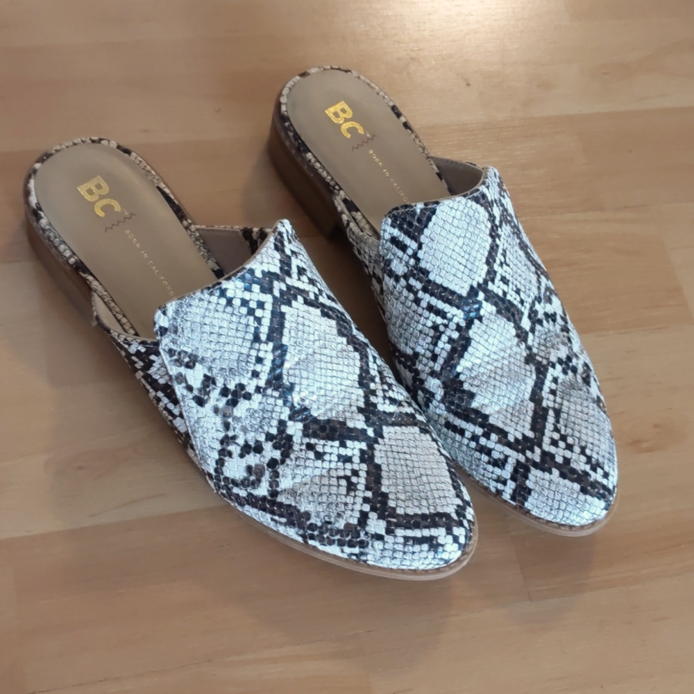 BC footwear vegan snake print mules